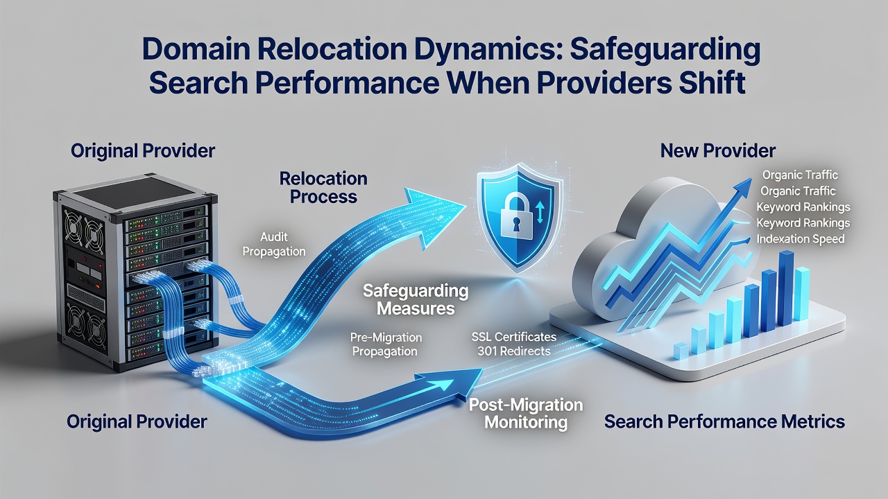 Infographic showing search performance metrics during domain provider transition with timeline elements