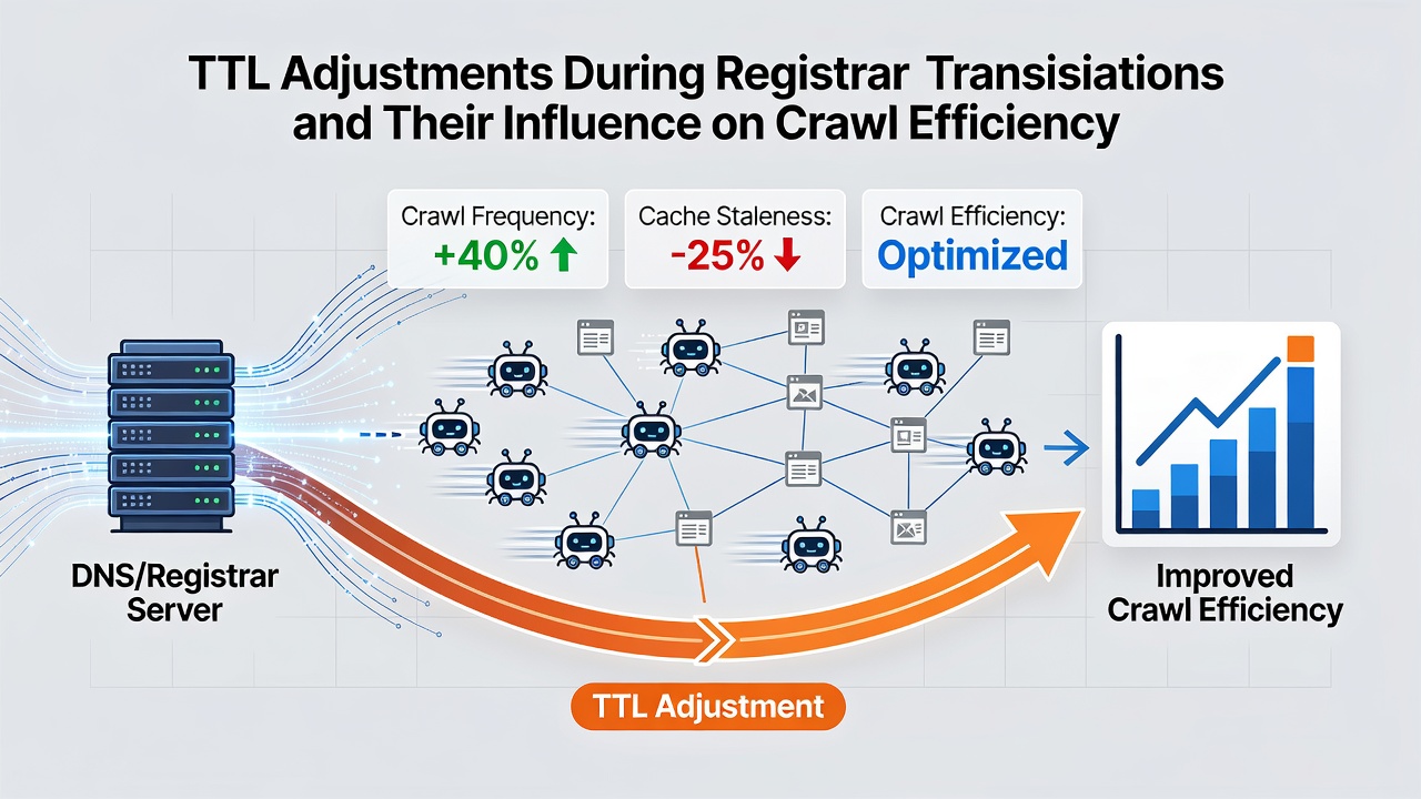 Timeline chart illustrating crawl request success rates before and after TTL reduction in a registrar transfer scenario